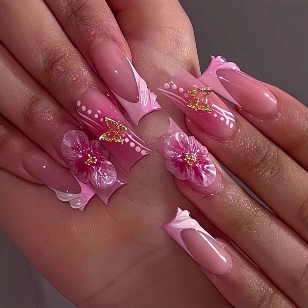 Pressed Flower Art - 24pcs Wearable Square Press on Nails