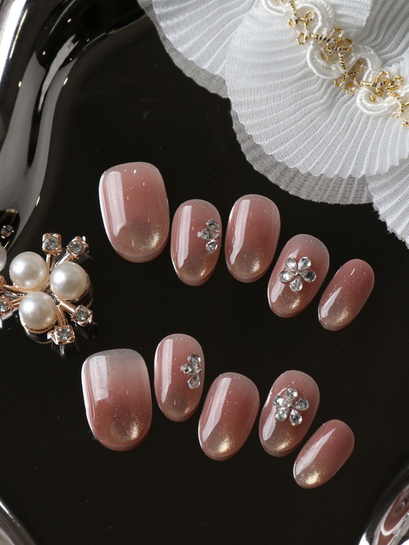 Pressed Flower Art - 10Pcs Press on Nails Short Cat's